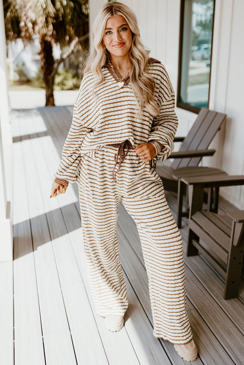 Striped Johnny Collar Pullover Drawstring Wide Leg Pant Set
